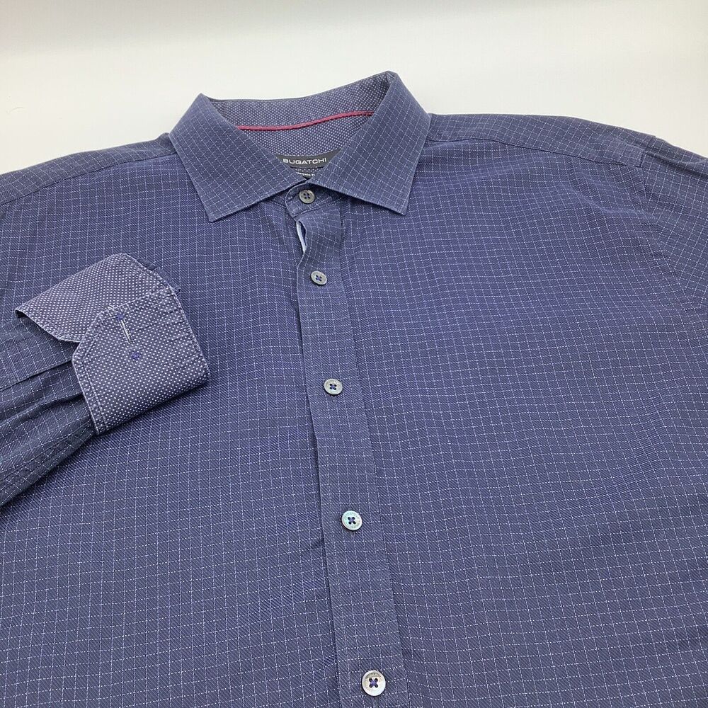 Bugatchi Mens Classic Fit Long Sleeve Button Up Shirt Blue Check Size XXL